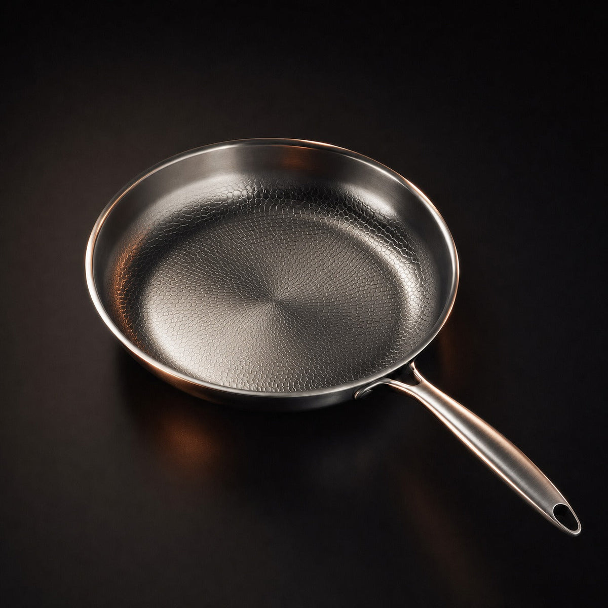 Hammered titanium pan, top view